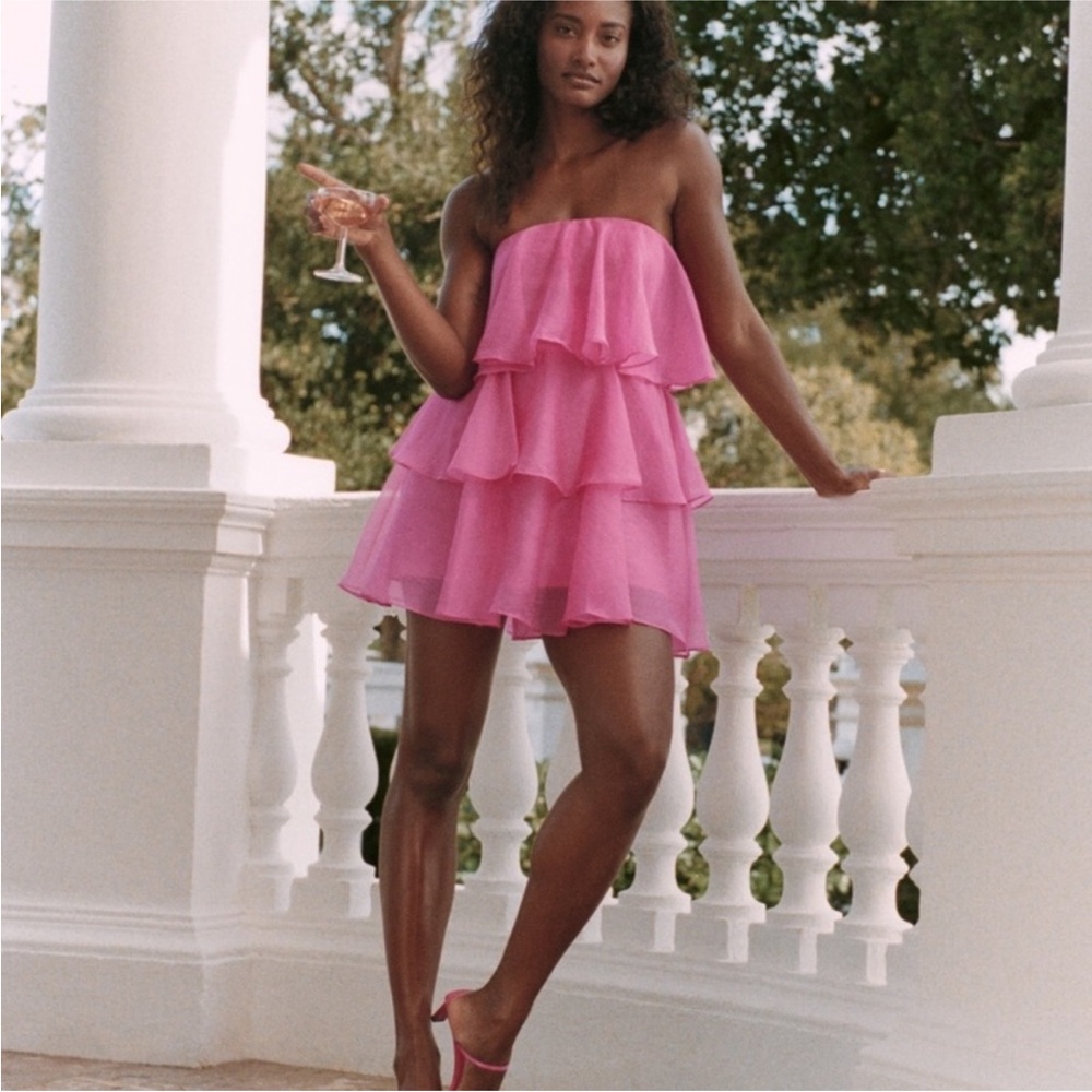 Abercrombie & Fitch Pink Strapless Ruffle Tiered Mini Dress